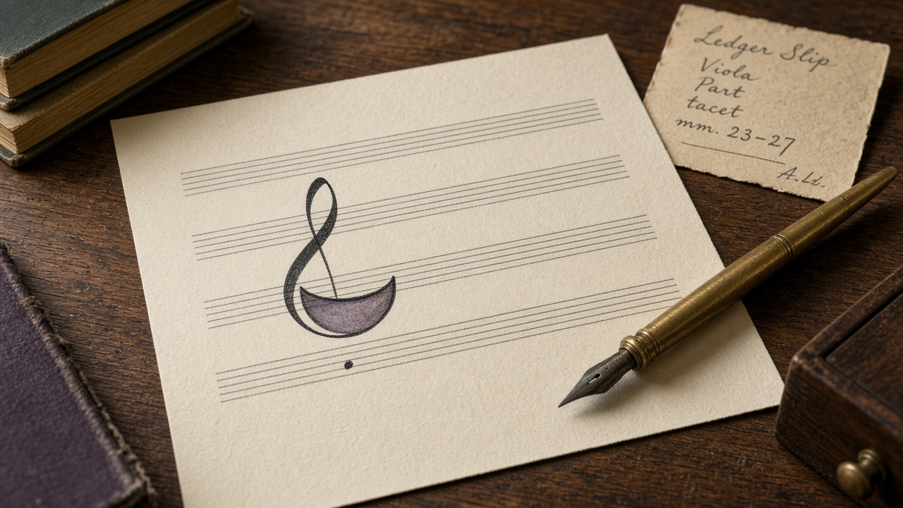 Ivory score paper, a brass nib, and a handwritten pause ledger on a wooden desk